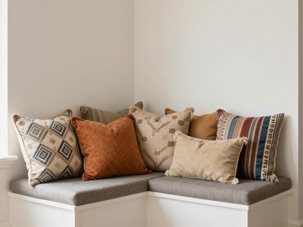 Corner dining nook styled with colorful pillows and textiles