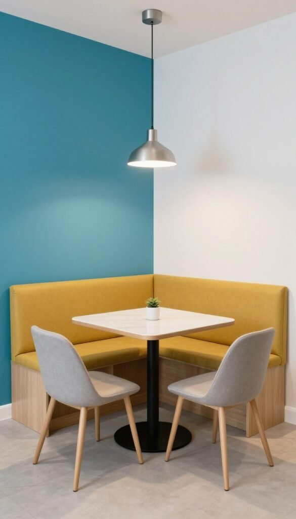 Corner dining nook with space-saving furniture and bright colors