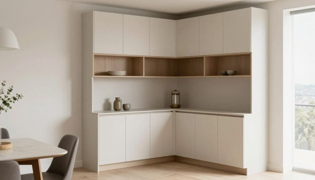 Corner dining room built in buffet solution maximizing awkward space