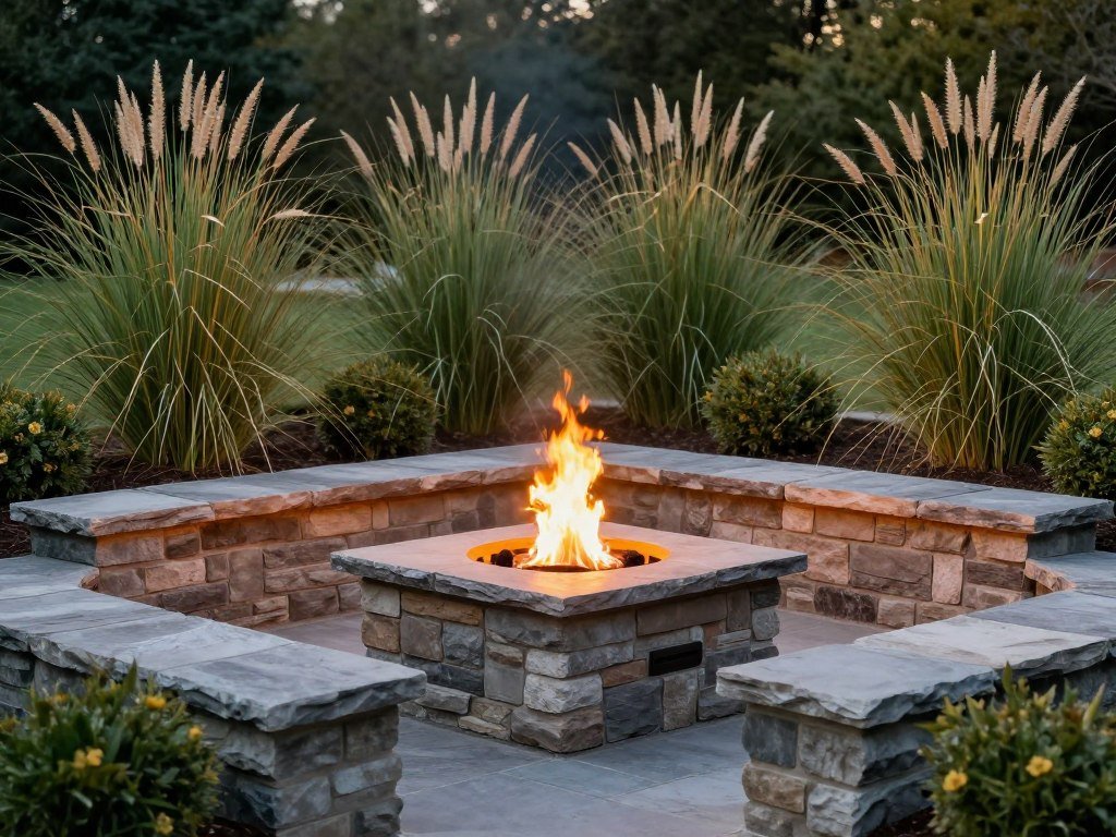 Corner fire pit area with stone seating surrounded by ornamental grasses and shrubs creating a cozy evening retreat