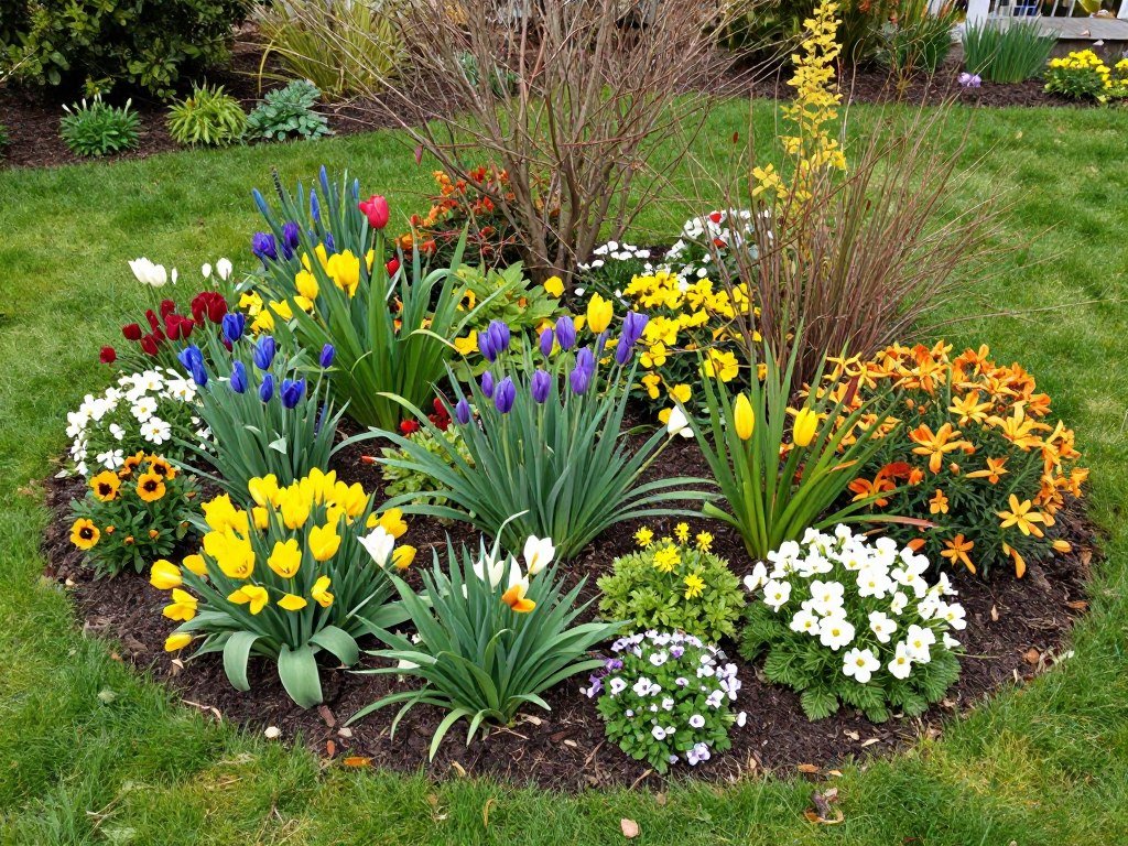 Corner garden designed with plants that provide interest in all four seasons including spring bulbs, summer perennials, fall color and winter structure