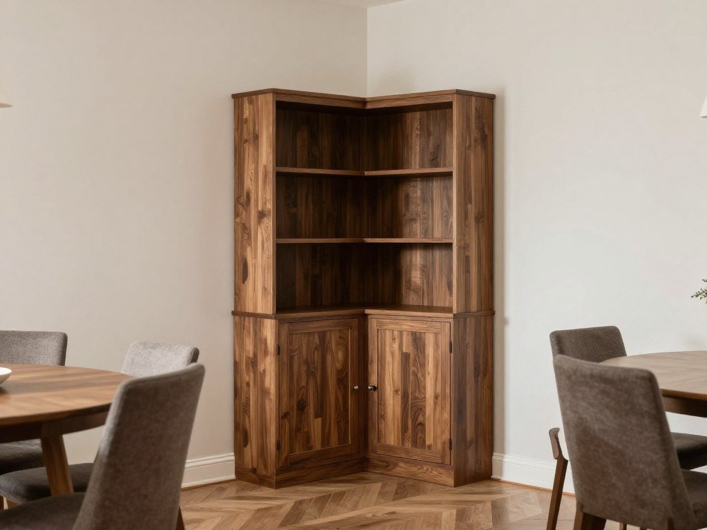 Corner hutch maximizing space in a small dining area with efficient storage and display Corner hutch maximizing space in a small dining area with efficient storage and display