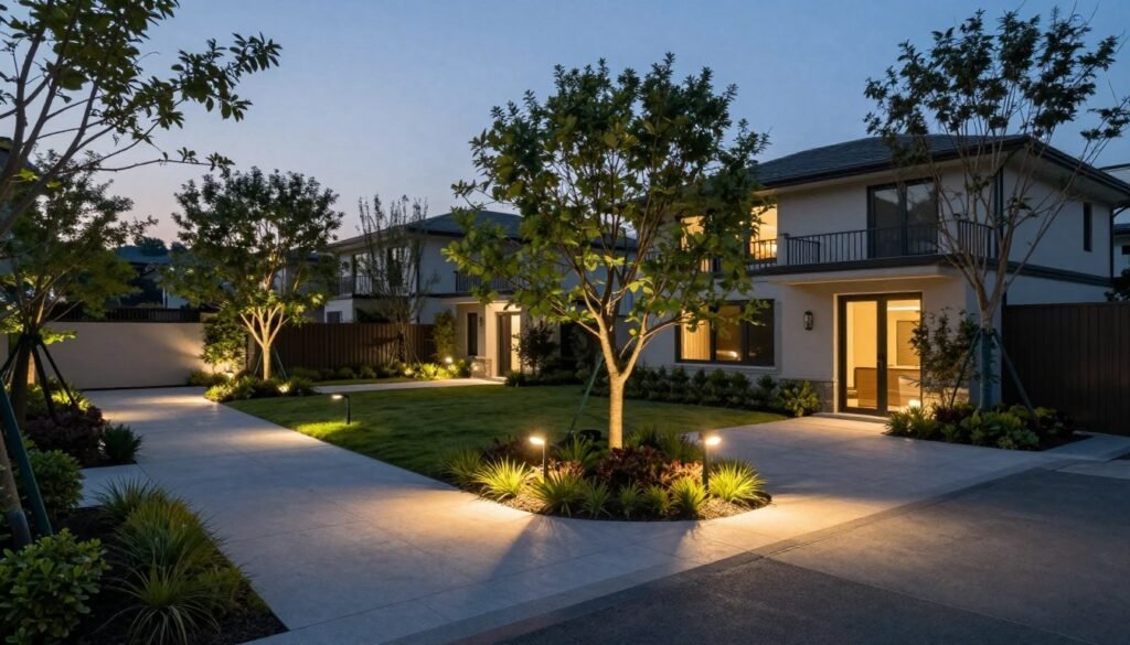 Corner lot front yard at dusk with strategic landscape lighting highlighting pathways, trees, and architectural features