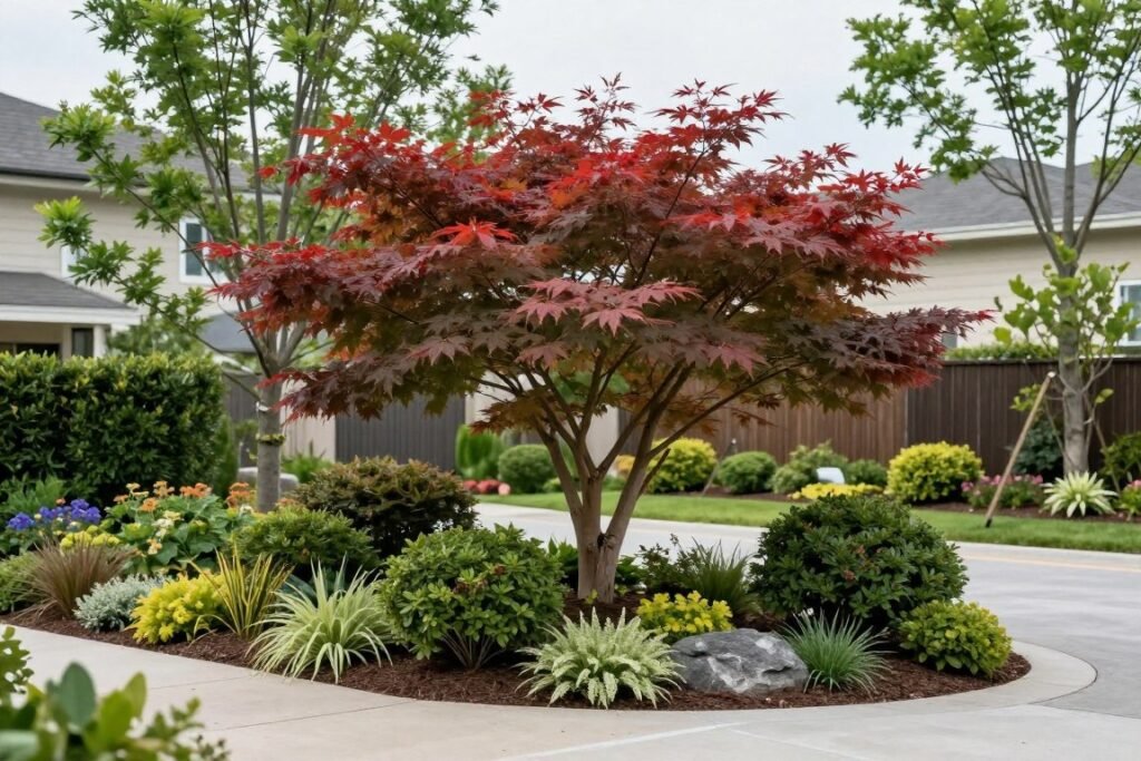Corner lot front yard featuring a Japanese maple as a focal point with complementary shrubs and perennials