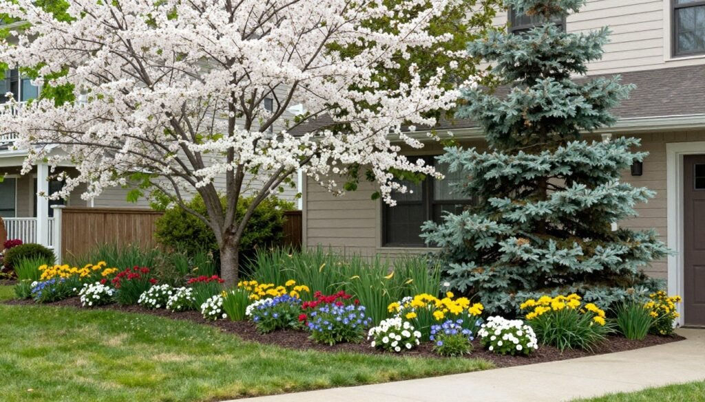 Corner lot front yard showing seasonal interest with spring flowering trees, summer perennials, and evergreen structure