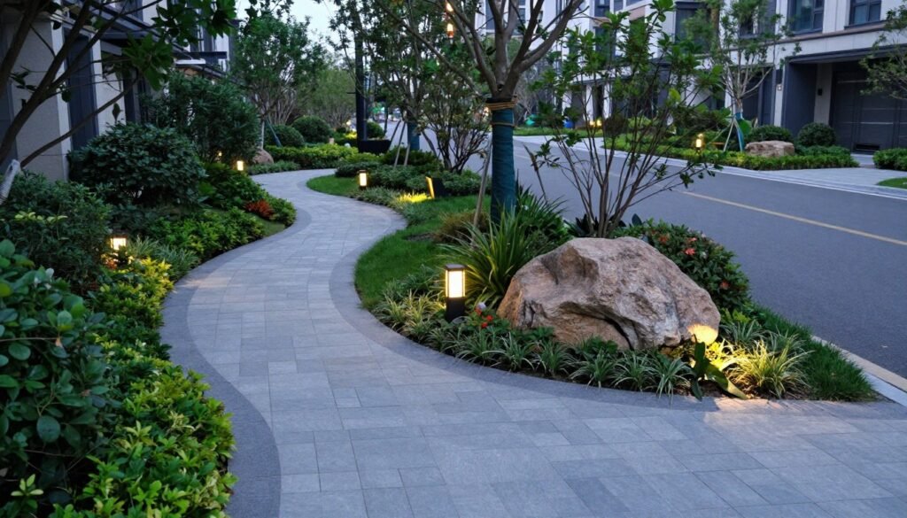 Corner lot front yard with curved stone pathway, decorative boulders, and strategic lighting enhancing the landscape design