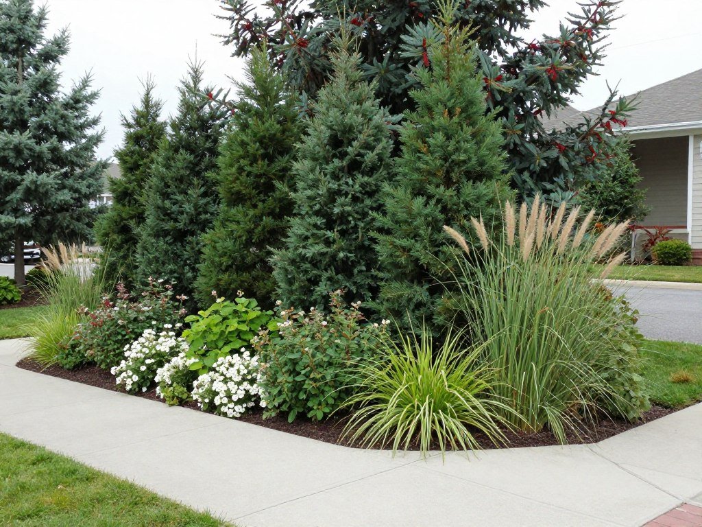 Corner lot front yard with layered privacy plantings including evergreen trees, flowering shrubs, and ornamental grasses creating a natural screen