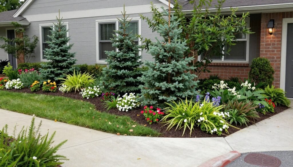 Corner lot landscaping with a gently sloped berm planted with evergreens and flowering shrubs to create privacy and visual interest