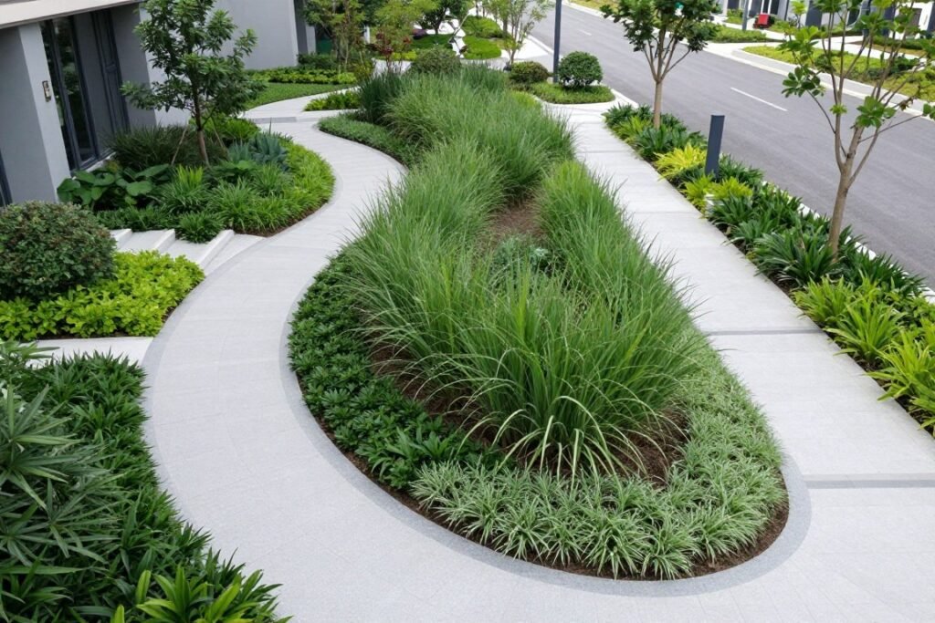 Corner lot landscaping with curved pathways and layered plantings creating visual flow between two street frontages