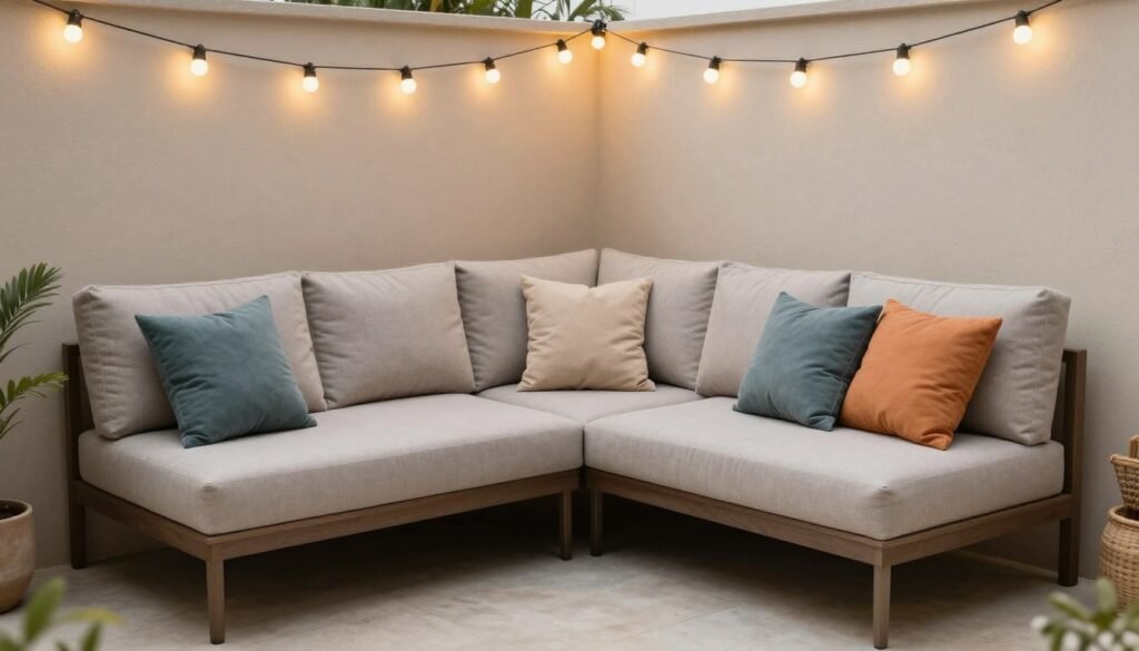 Corner sectional sofa on a small patio with hanging lights