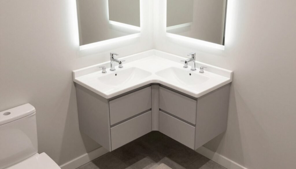 Corner vanity maximizing space in a small bathroom with clever storage solutions