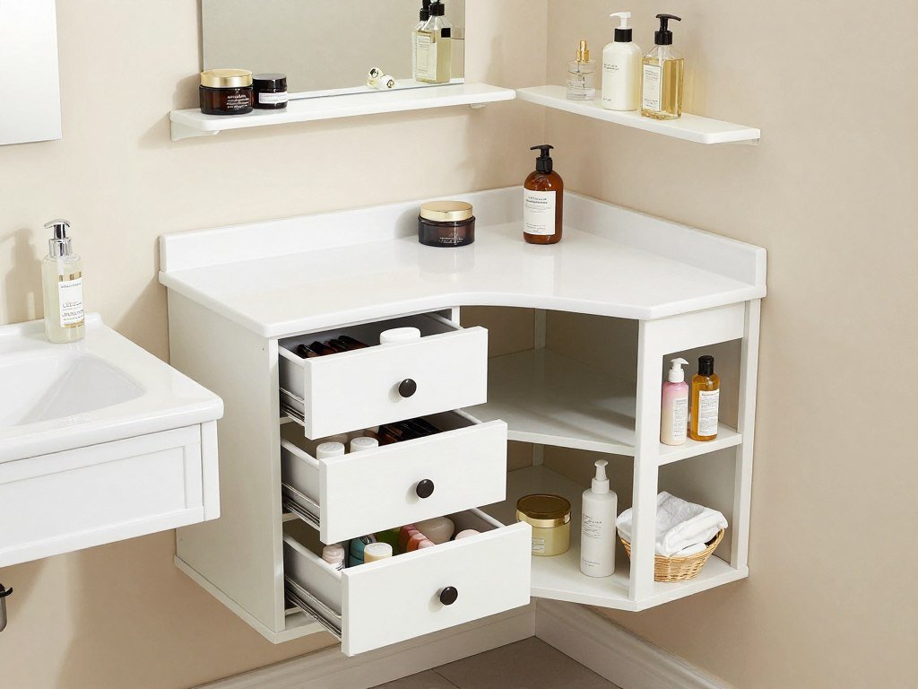 Corner vanity with efficient storage solutions including drawers and vertical shelving