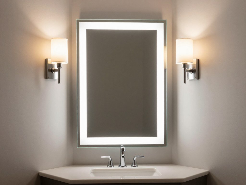Corner vanity with perfectly positioned mirror and strategic lighting