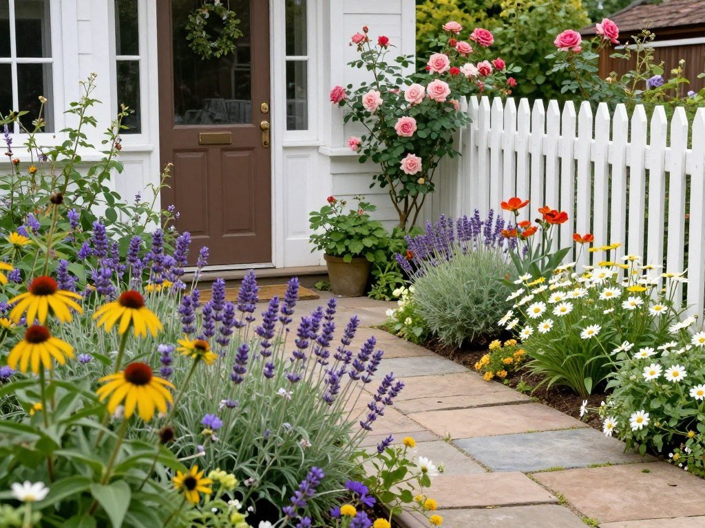 Cottage garden front yard with colorful perennials and a curved pathway