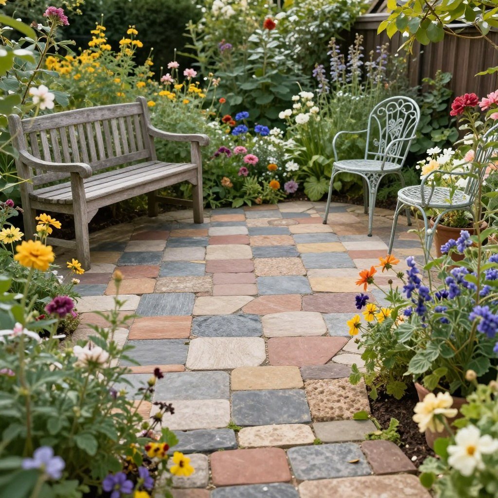 Cottage garden patio with mixed paver patterns and lush plantings Cottage garden patio with mixed paver patterns and lush plantings