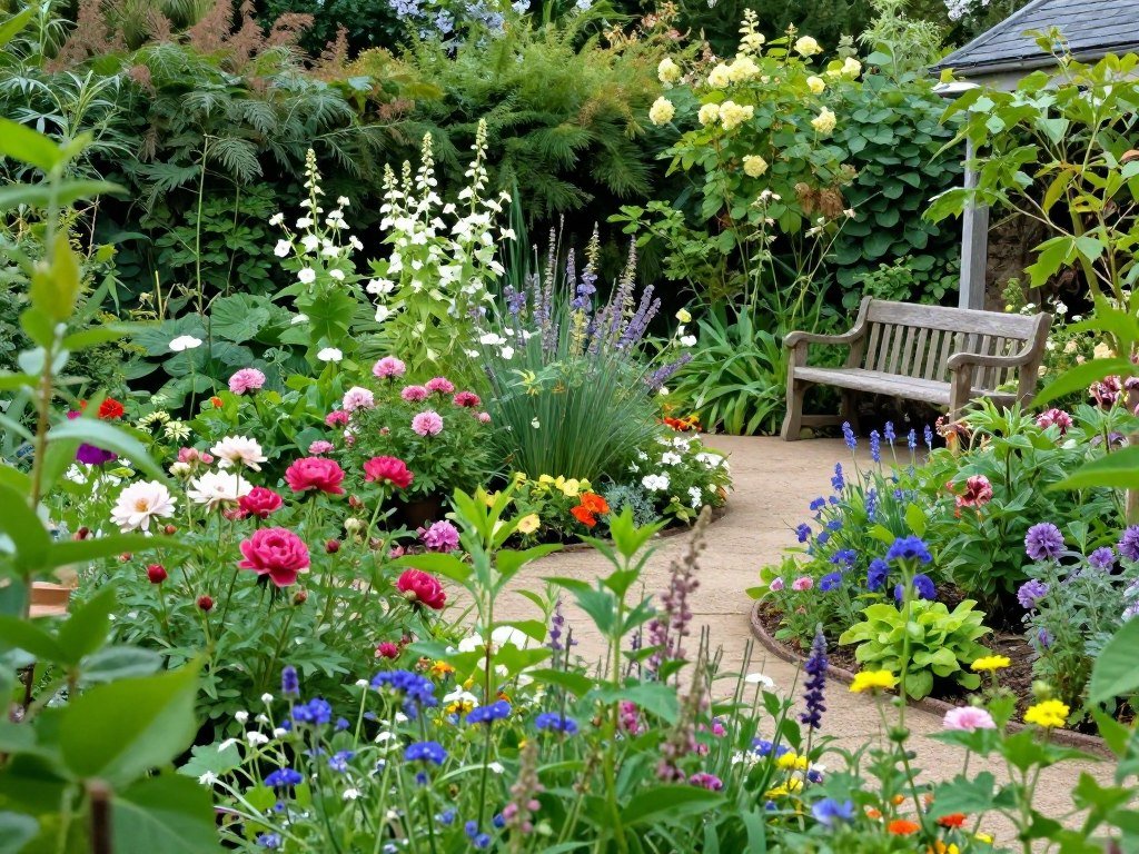 Cottage garden style backyard landscaping designs layout with abundant flowers