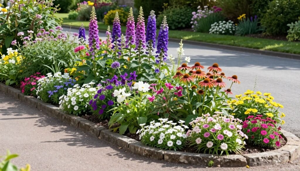 Cottage garden style side of driveway landscaping with abundant flowers and informal design