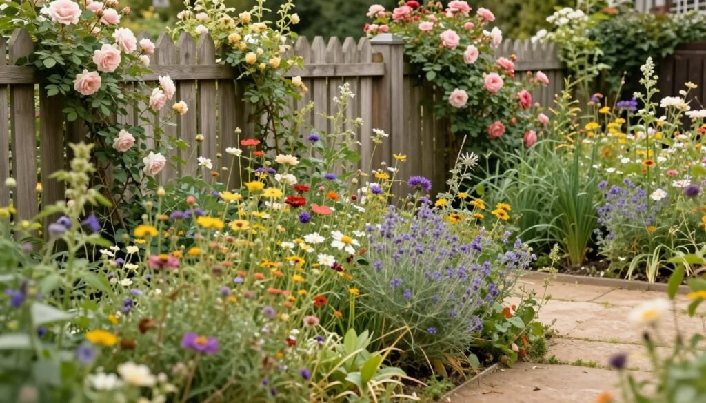Cottage garden themed fence line with wildflowers, roses, and herbs creating a romantic, informal look