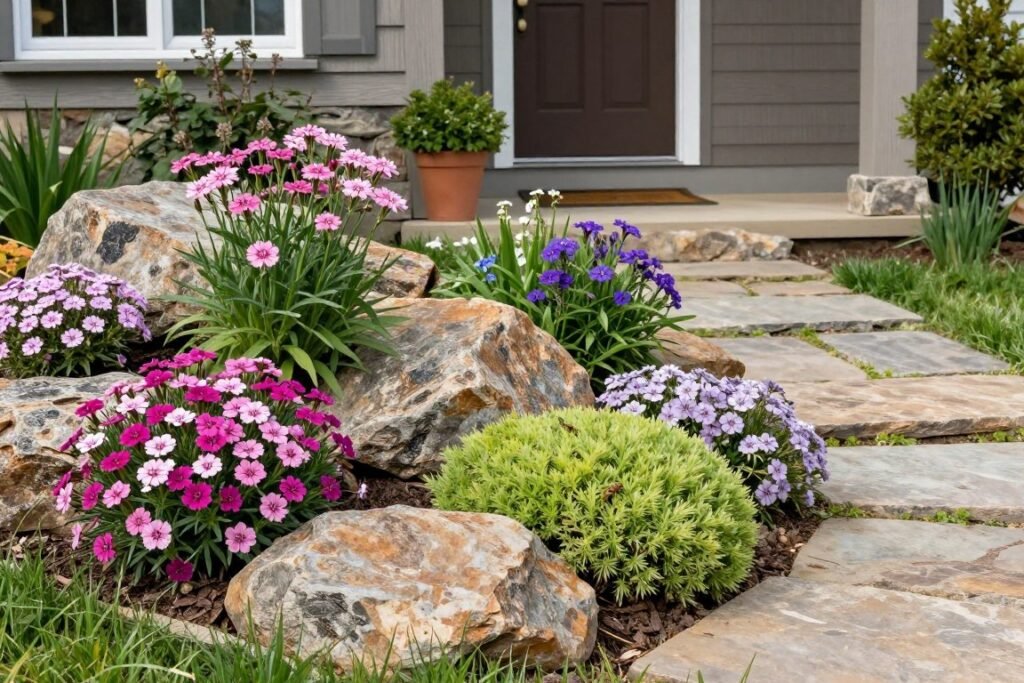Cottage-style front yard rock garden with flowering perennials, stepping stones, and natural boulders creating a charming landscape