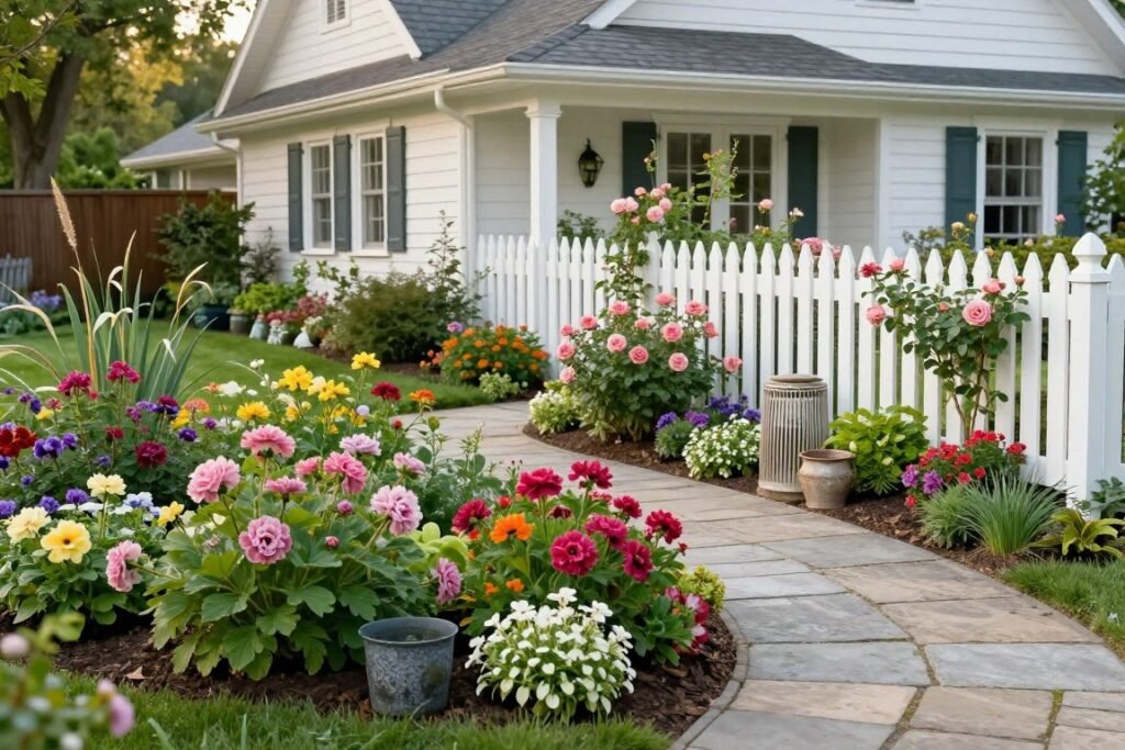 Cottage-style front yard with abundant flowers, curved pathway, and picket fence Cottage-style front yard with abundant flowers, curved pathway, and picket fence