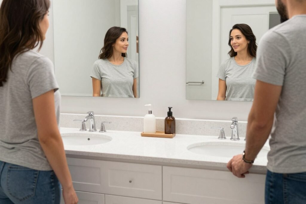 Couple using double vanity bathroom simultaneously in morning routine
