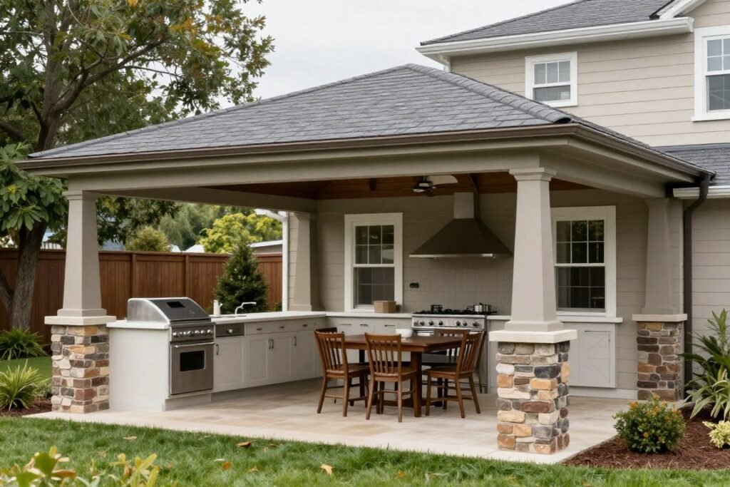 Covered backyard kitchen under a solid-roof pavilion structure