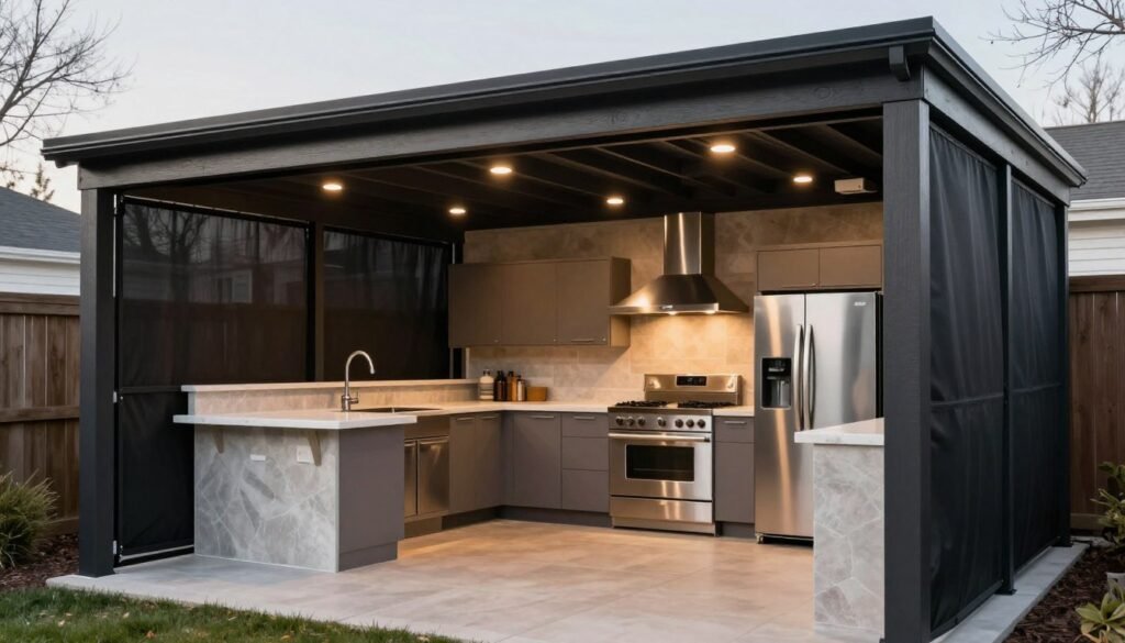Covered backyard kitchen with weather protection features