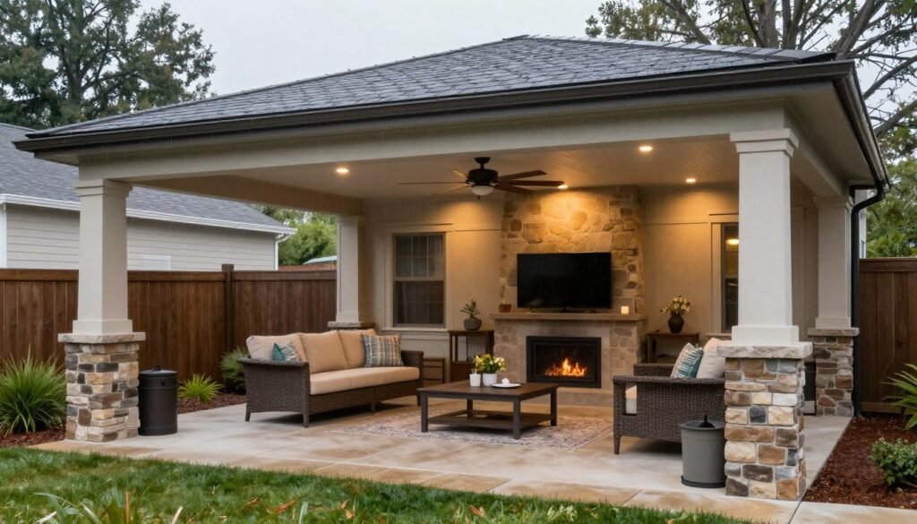 Covered backyard patio with a solid roof, ceiling fan, outdoor furniture, and ambient lighting creating a protected outdoor living area