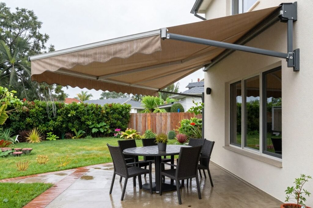 Covered outdoor dining area with retractable awning protecting from light rain