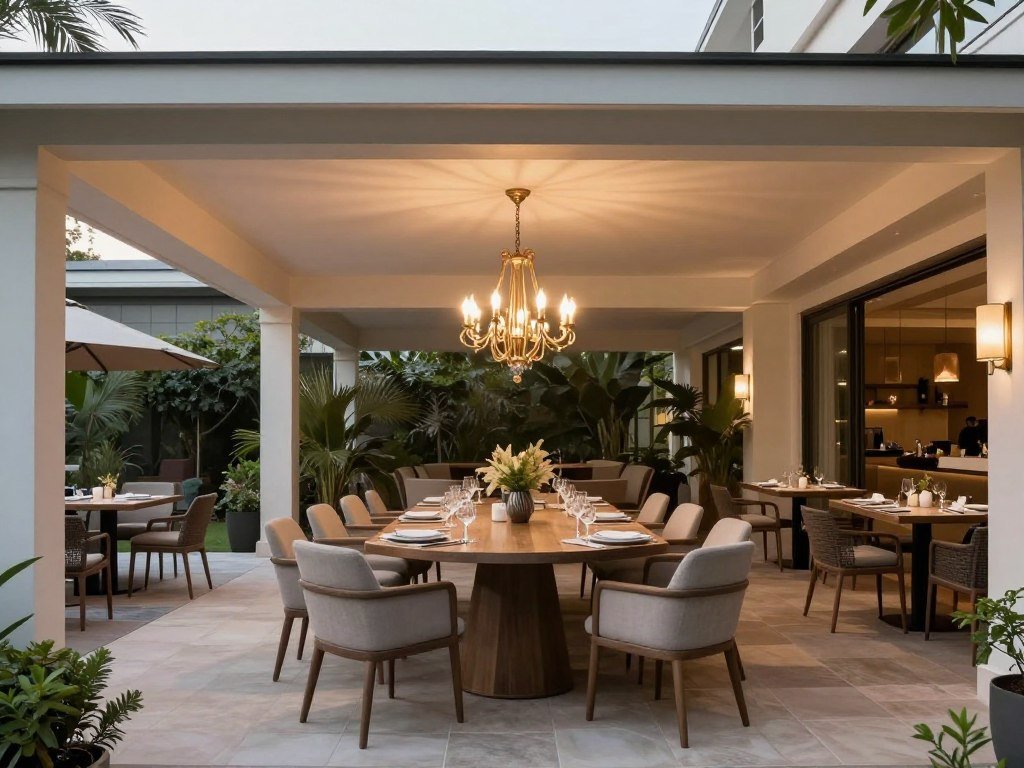 Covered outdoor dining room with elegant table, chairs and chandelier