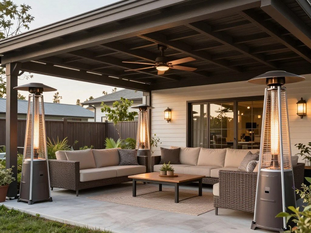 Covered patio with ceiling fans and outdoor heaters for climate control