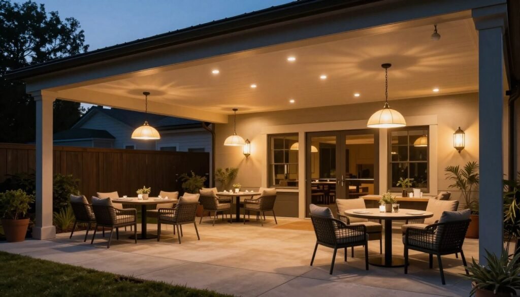 Covered patio with integrated lighting system including recessed lights and pendants
