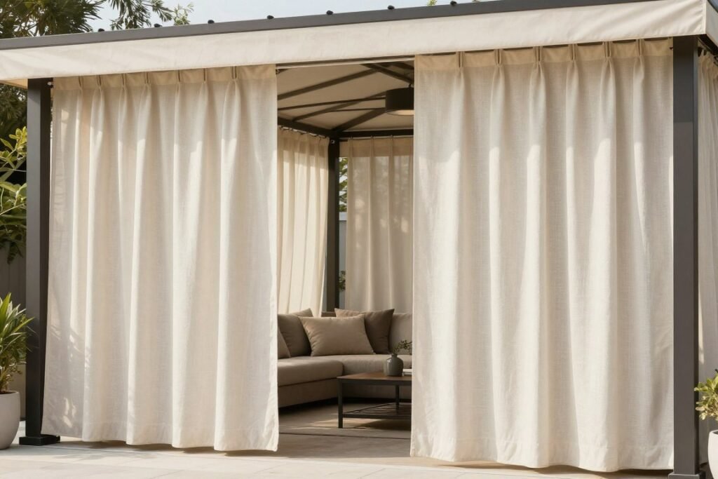 Covered patio with outdoor curtains providing privacy and wind protection