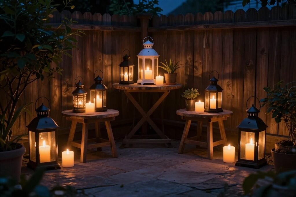 Cozy backyard corner with various lanterns and flameless candles creating intimate lighting