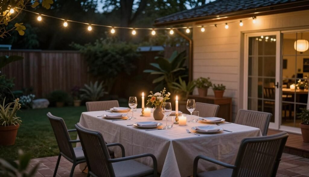 Cozy backyard dining area with a table set for dinner under string lights