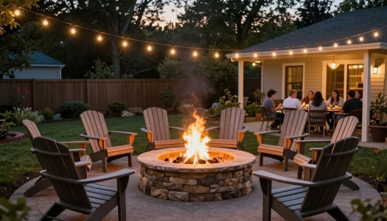 Cozy backyard fire pit with people gathered around it at dusk, with string lights overhead creating a warm ambiance