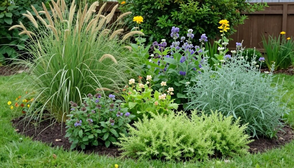 Cozy backyard garden with layered plantings of different heights, textures, and colors