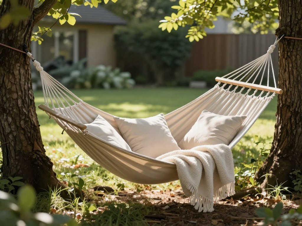 Cozy backyard hammock hung between trees with pillows and a throw blanket