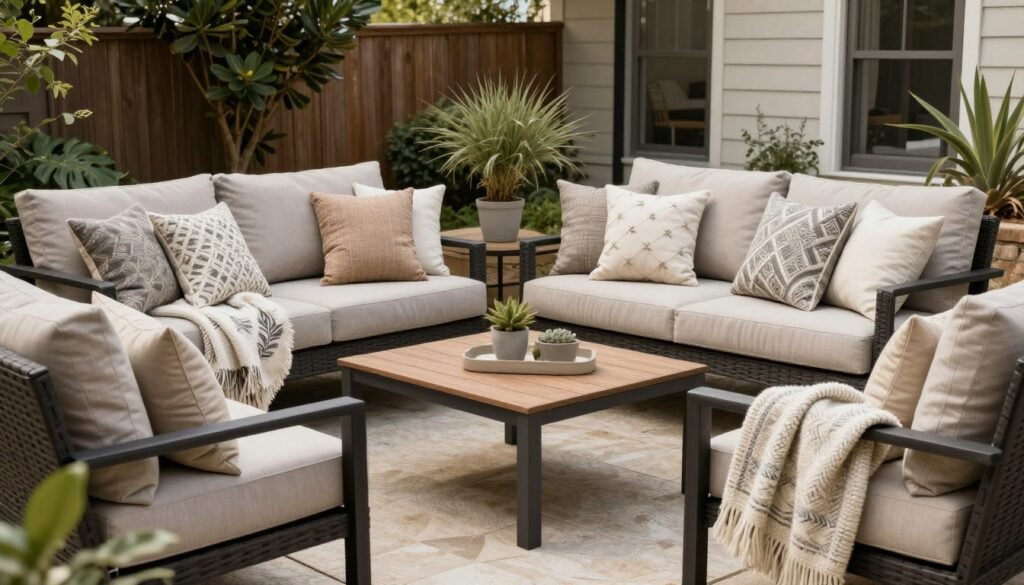 Cozy backyard lounge area with plush outdoor furniture, throw pillows, and blankets