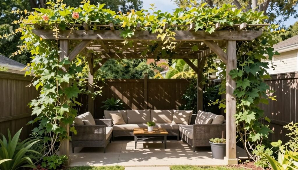 Cozy backyard pergola with climbing plants providing dappled shade over a seating area