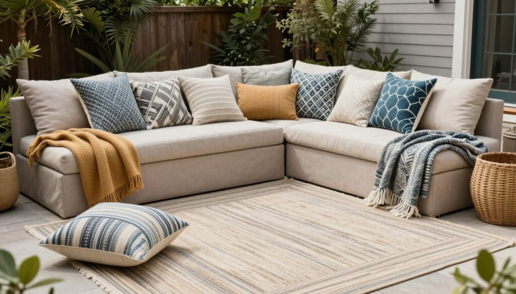 Cozy backyard seating area with abundant outdoor pillows, throws, and an outdoor rug