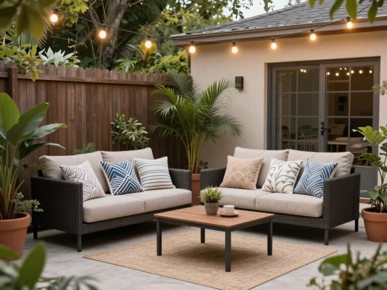 Cozy backyard seating area with comfortable outdoor furniture, string lights, and potted plants