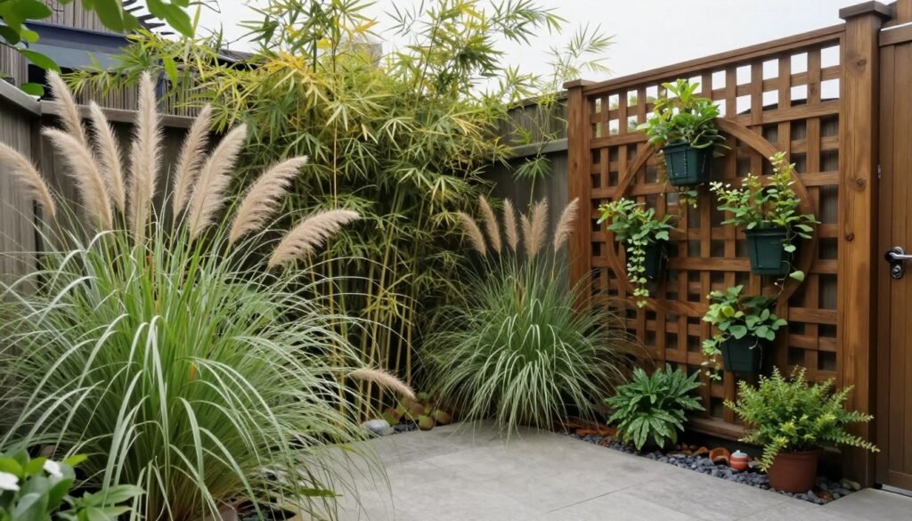Cozy backyard with natural privacy screens created by tall plants and decorative panels