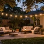 Cozy backyard with string lights hanging between trees creating a warm ambiance at dusk