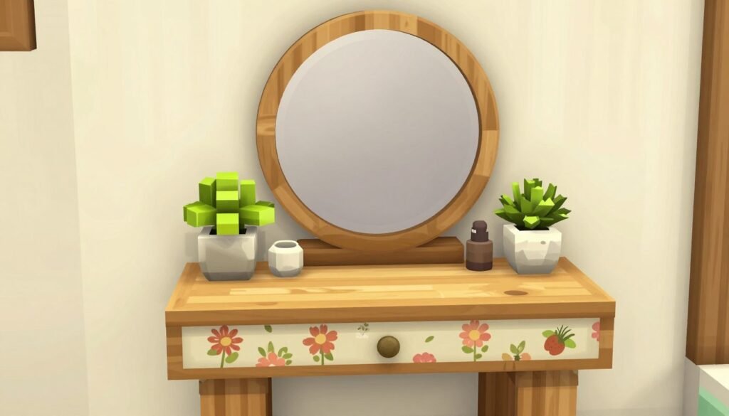 Cozy cottagecore Bloxburg vanity with floral elements and natural materials Cozy cottagecore Bloxburg vanity with floral elements and natural materials