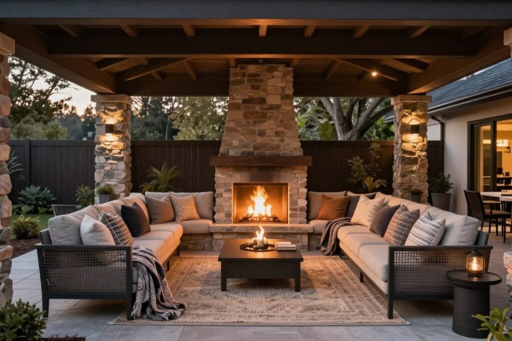 Cozy covered lounge area with fireplace, comfortable seating and outdoor rug