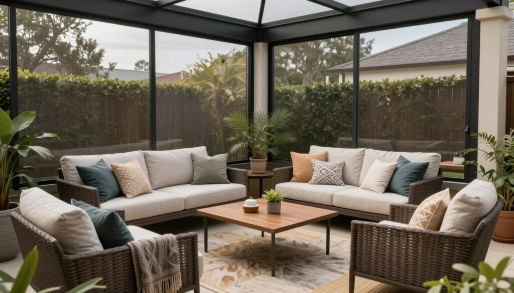 Cozy enclosed patio furnished with comfortable seating arranged for conversation Cozy enclosed patio furnished with comfortable seating arranged for conversation