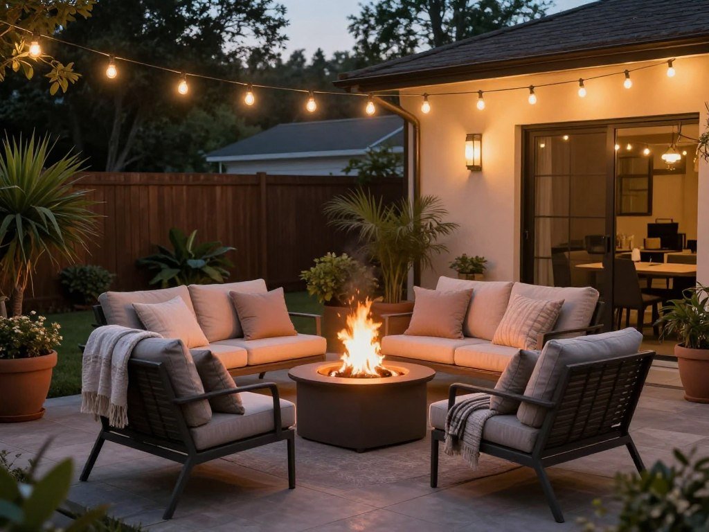 Cozy intimate backyard patio with string lights and comfortable seating around a fire pit