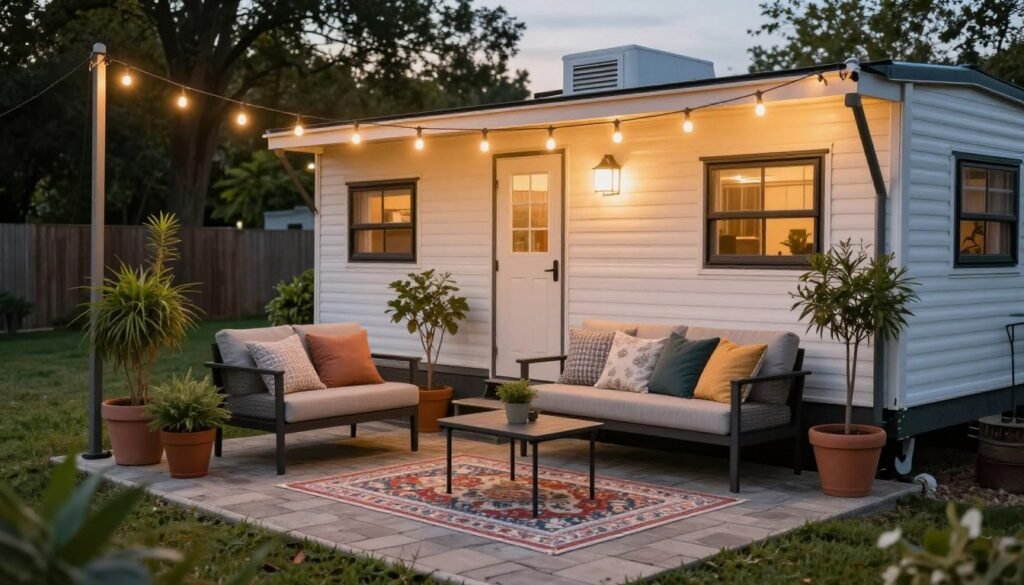 Cozy outdoor seating area next to a mobile home with patio furniture, potted plants, and string lights creating an inviting atmosphere