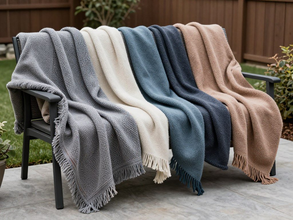 Cozy outdoor throws draped over backyard furniture ready for cool evening use